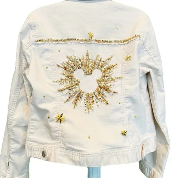Handmade Upcycled Disney Jean Jacket sz S Sequin Embellished Mickey Denim Gold - Picture 6 of 10